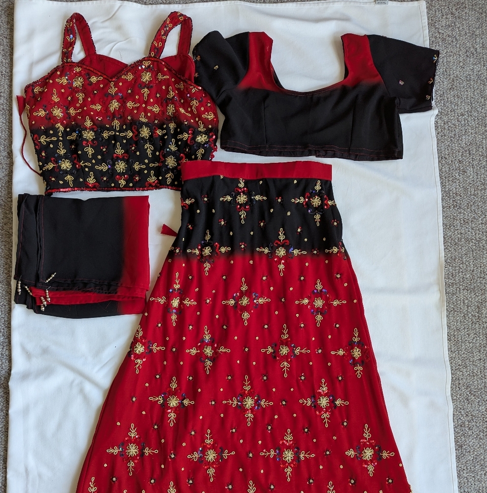 New Red and Black Georgette Long skirt, top 4-piece heavy embroidery